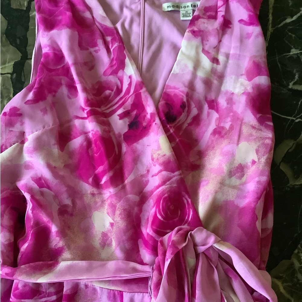 Madison leigh faux wrap pink rose print ruffled dress size 14 - Picture 5 of 7